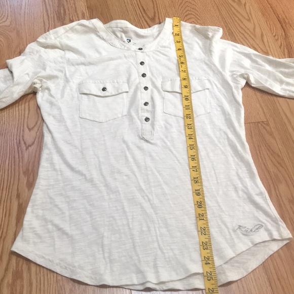 Kuhl small off white front button sleeve tab top. - Picture 8 of 8